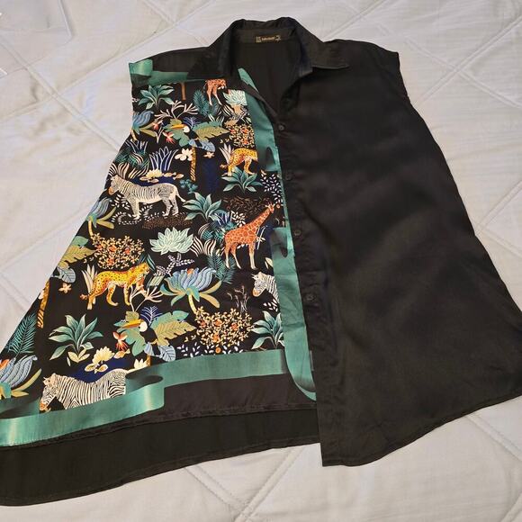 Zara Black Top L Jungle Safari Animal Print Asymmetrical Artcore Blouse SilkFeel - Picture 5 of 8